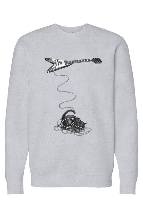 Wired crewneck in grey heather – cat tangled in a guitar cable