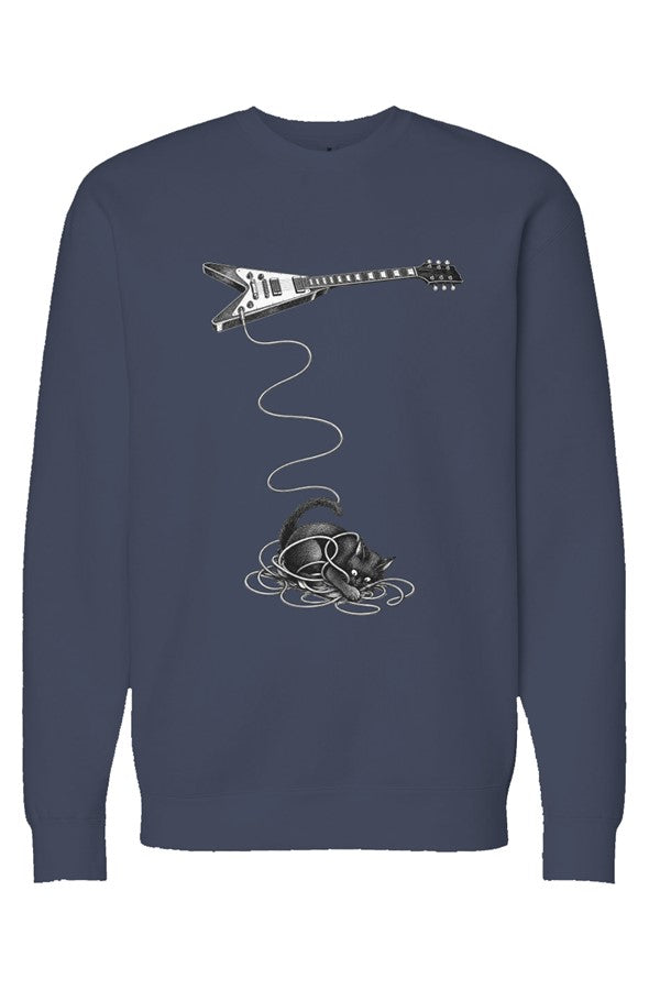 Wired crewneck in navy – cat tangled in a guitar cable