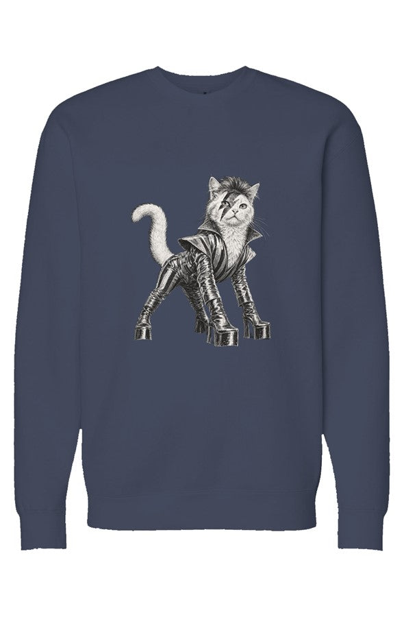 Cat From Japan crewneck in navy – glam rock cat in platform boots