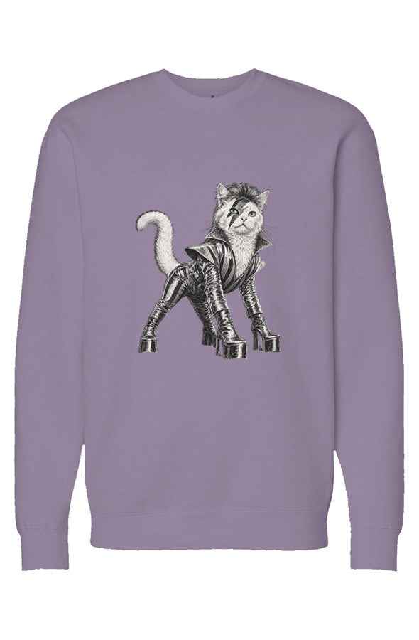 Cat From Japan crewneck in plum – glam rock cat in platform boots