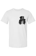 Scratch unisex tee in white – top hat rocker cat