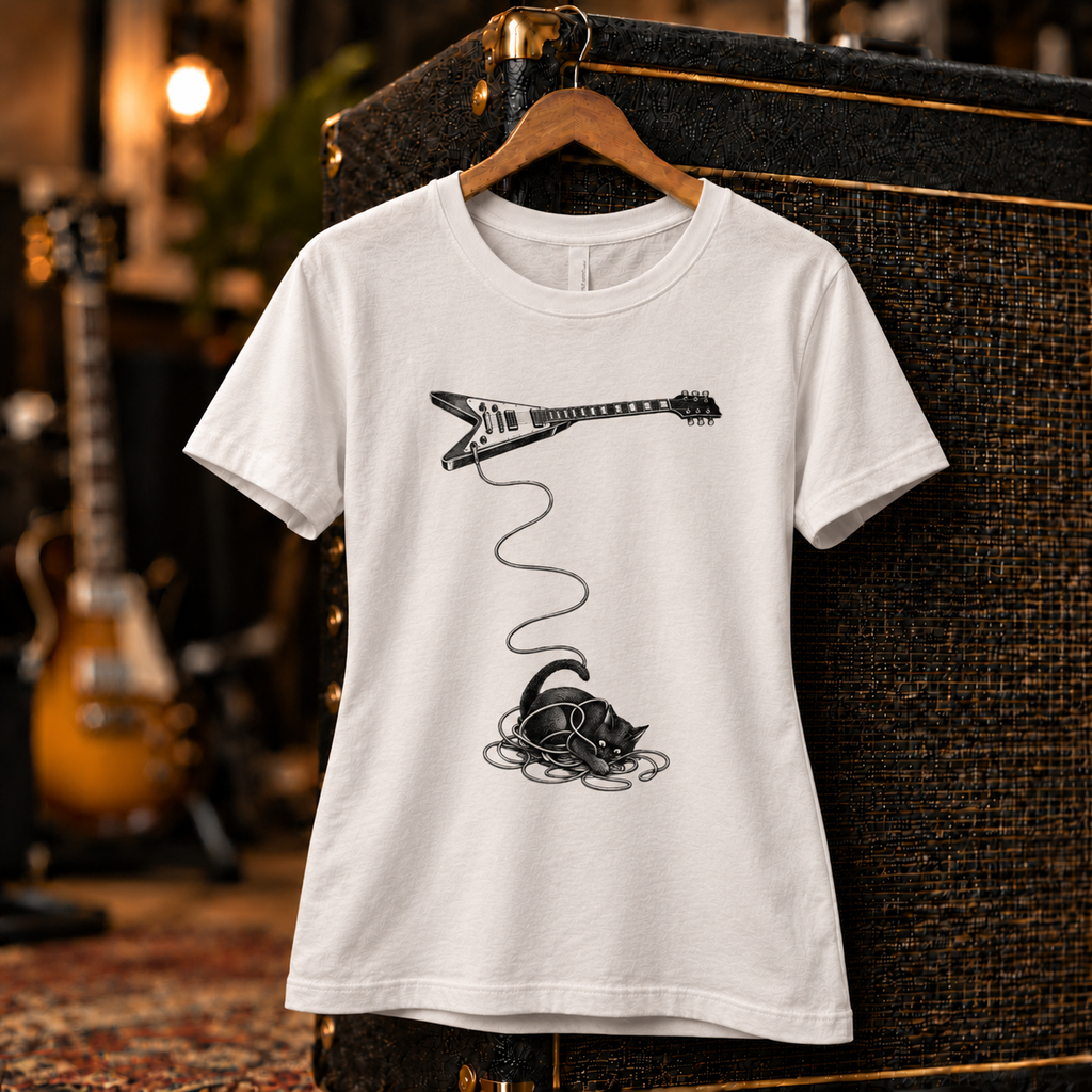 Wired women's tee styled on a studio set – cat tangled in a guitar cable