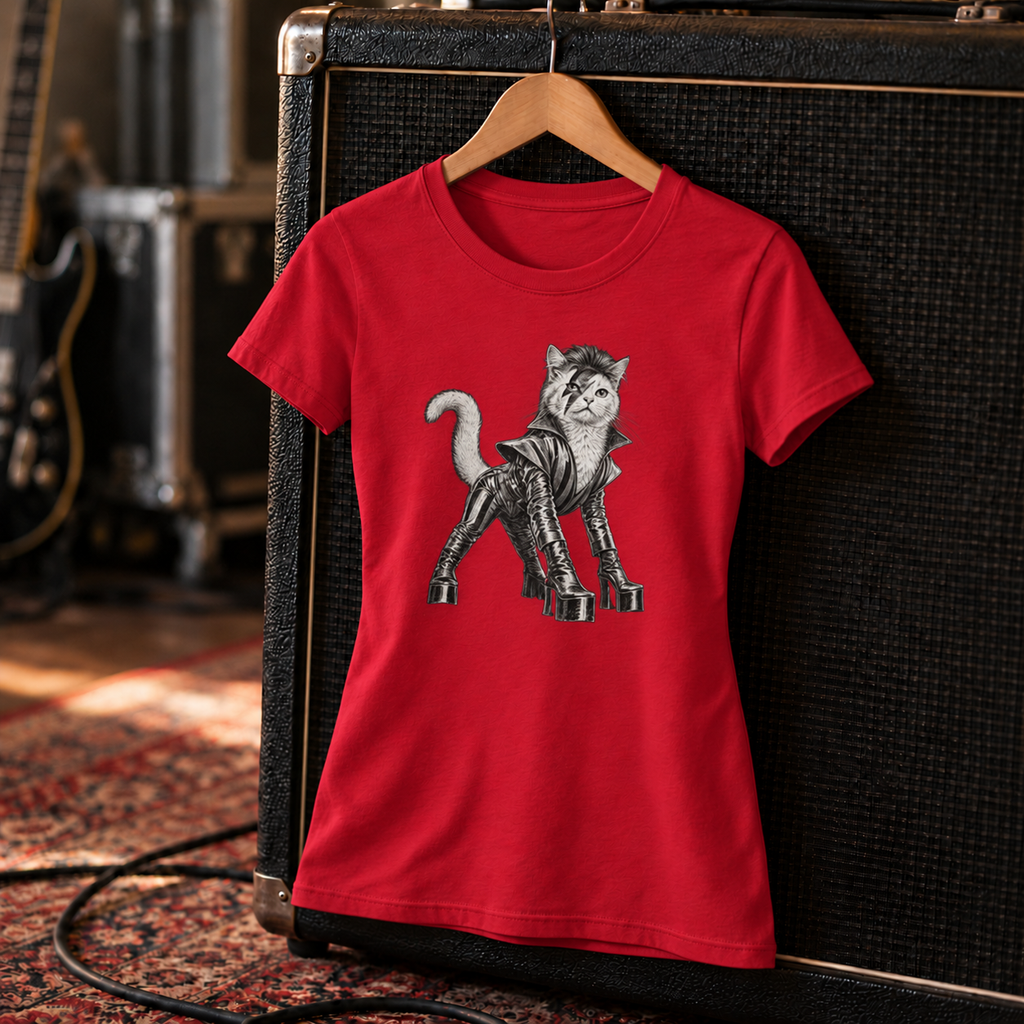 Cat From Japan women's tee styled on a studio set – glam rock cat in platform boots