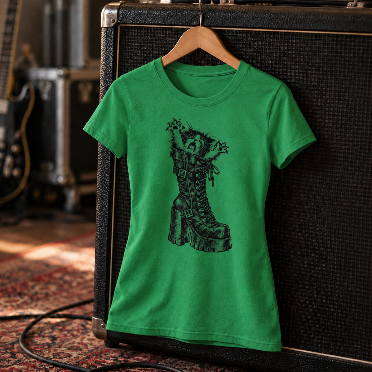 Let Meowt women's tee styled on a studio set – kitten in a platform boot