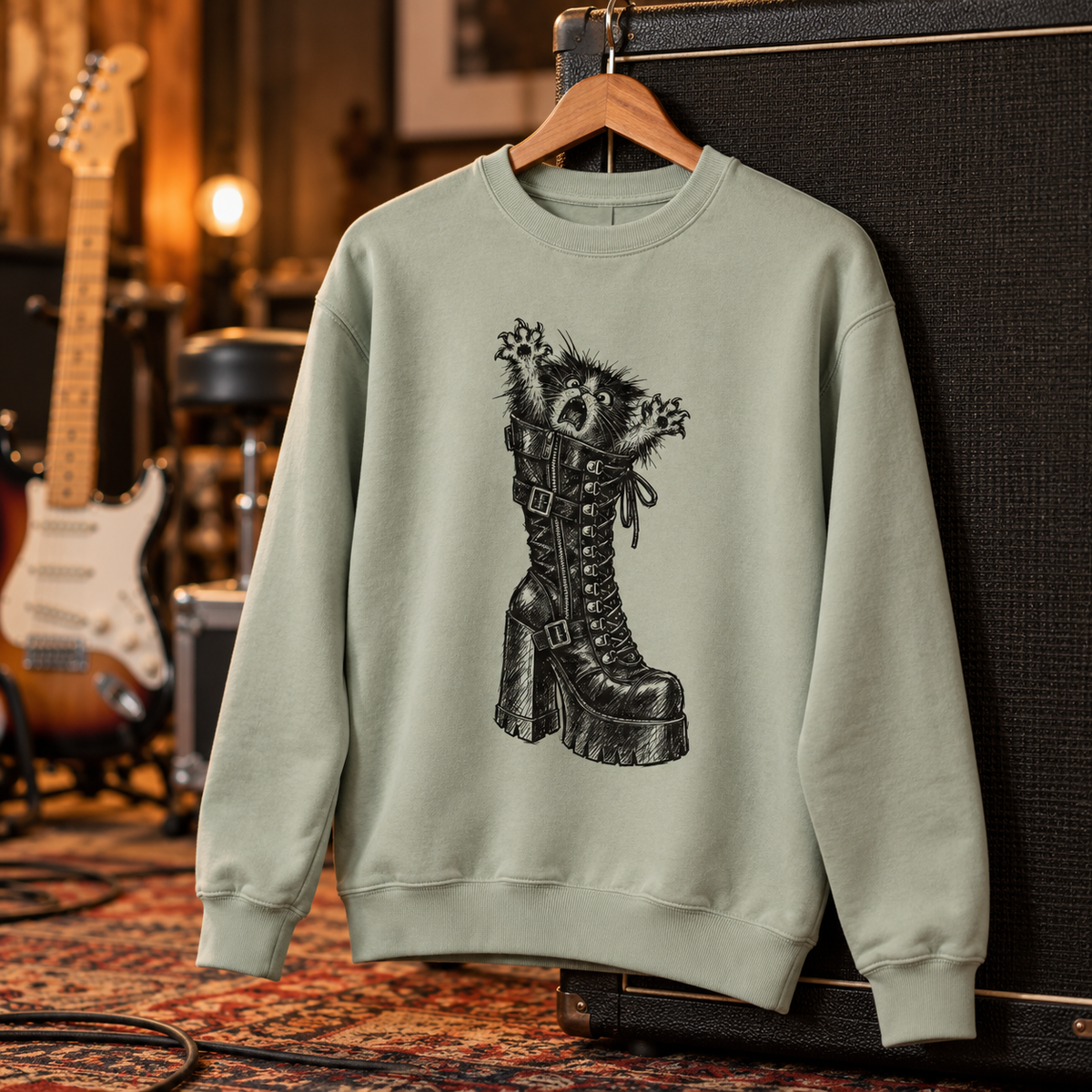 Let Meowt crewneck styled on a studio set – kitten in a platform boot