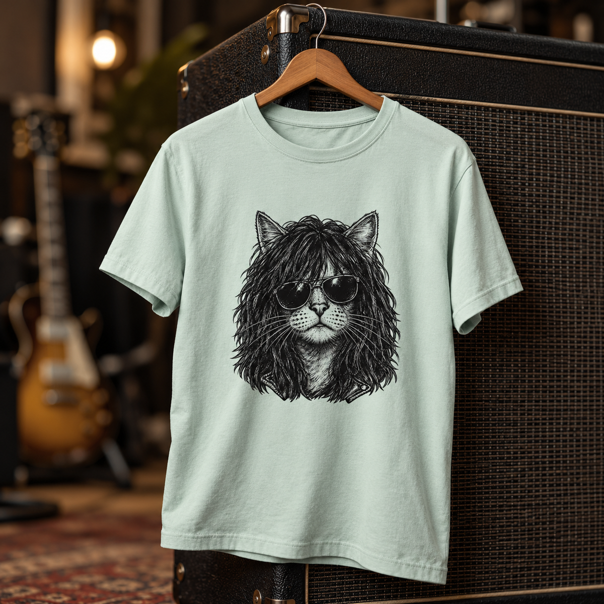 Purr Rocker unisex tee styled on a studio set – long-haired rocker cat in aviator shades