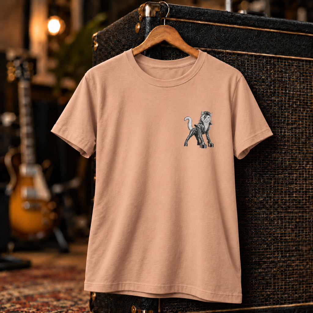 Cat From Japan unisex tee styled on a studio set – glam rock cat in platform boots