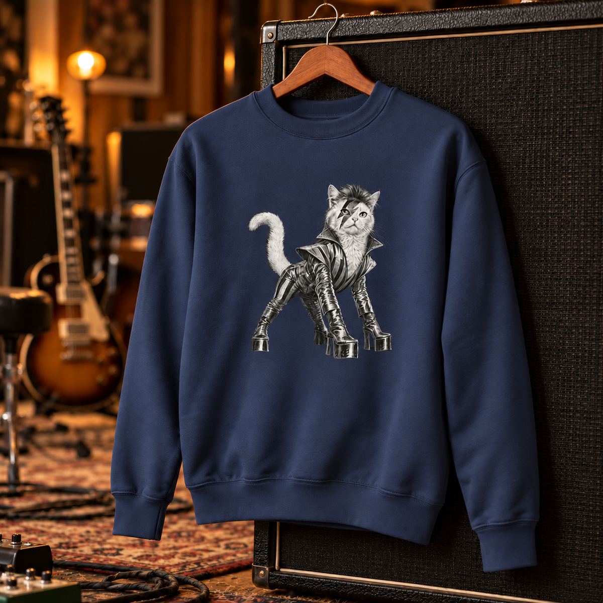 Cat From Japan crewneck styled on a studio set – glam rock cat in platform boots