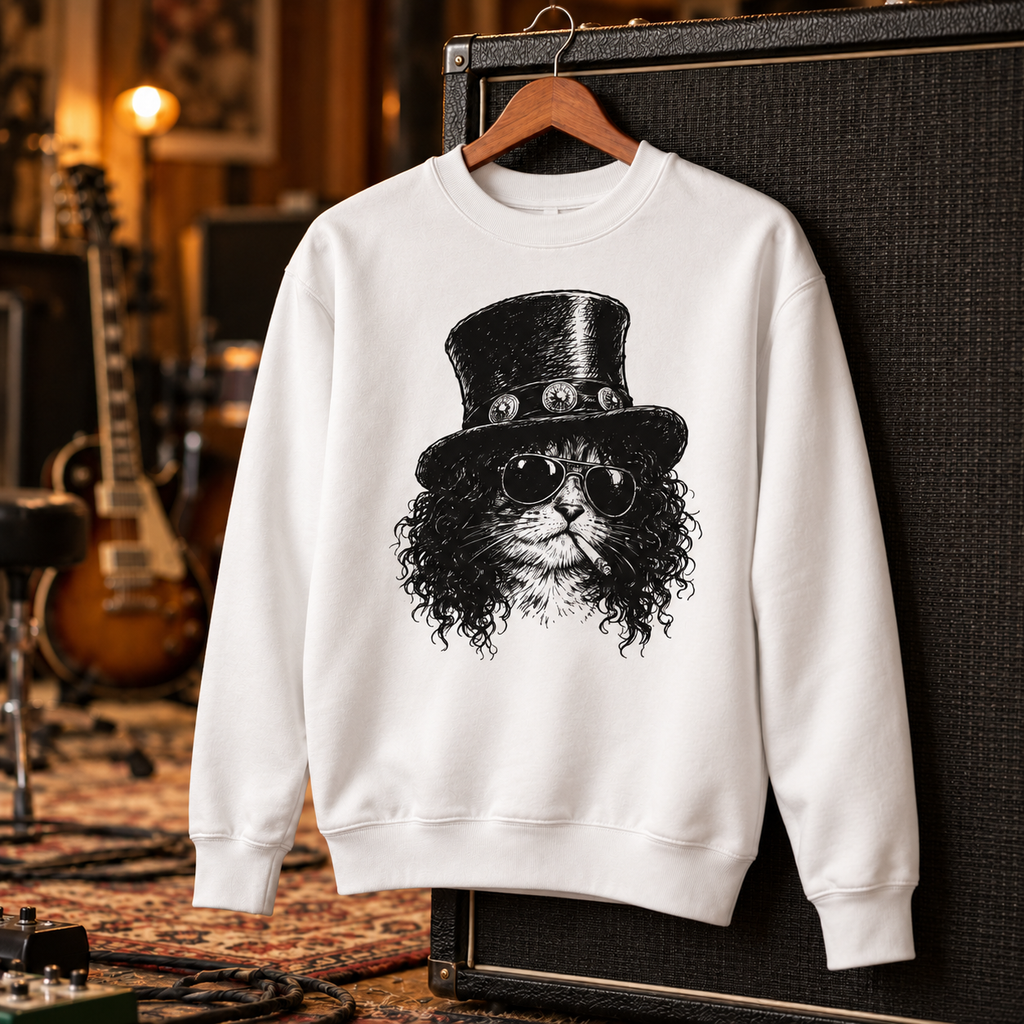 Scratch crewneck styled on a studio set – top hat rocker cat