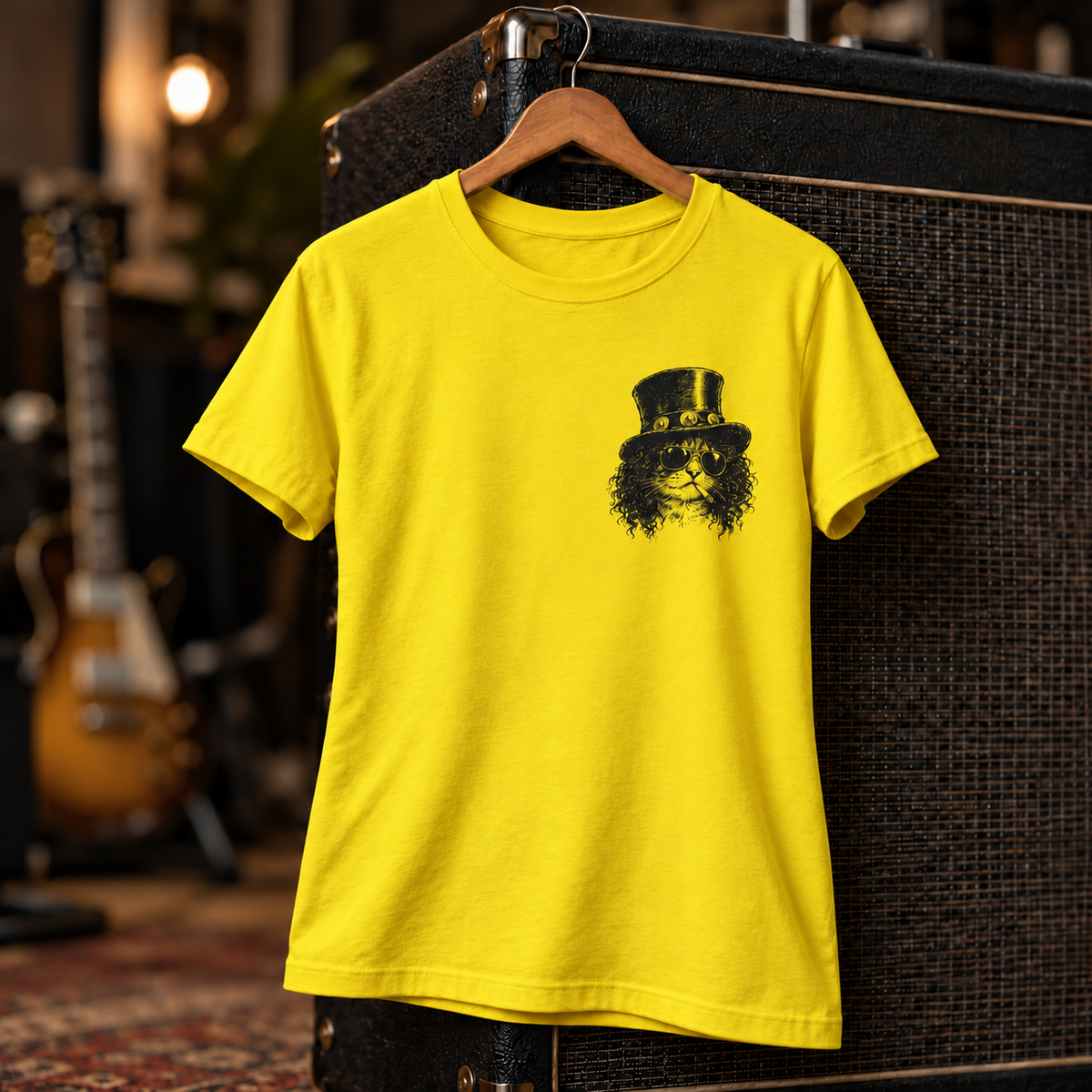Scratch unisex tee styled on a studio set – top hat rocker cat
